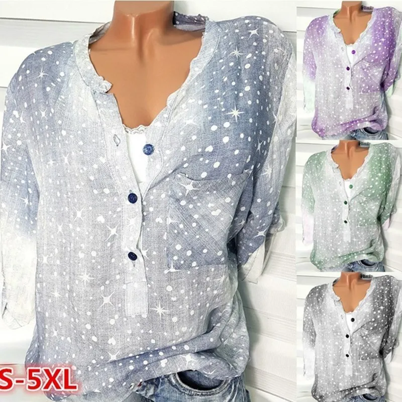 

2019 spring and summer new Women's Blouse printing pocket color matching V-neck button large size shirt S-5XL
