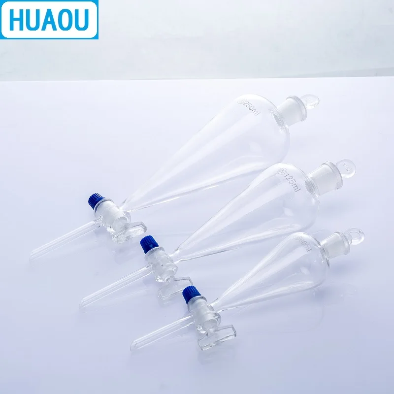 HUAOU-별도 깔때기 배 모양 250mL, 유리 마개 및 마개 실험실 화학 장비