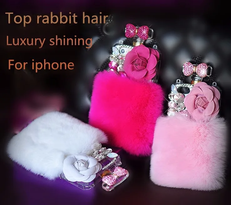 

Luxury Fashion Diamond Rabbit Fur Perfume Bottle Shell Rhinestone Phone Case For iPhone 6S/6/7/8 Plus/X