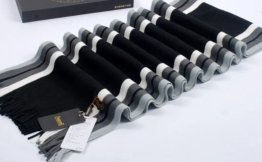 hair scarf for men Autumn Winter Fashion Top Grade Classic Striped Woolen Scarf Macrochaeta Thickness Black&White&Gray Scarves Gift Set Man Muffler black scarf mens