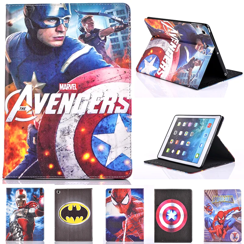 Iron Man Back Case For iPad mini Hot Cartoon Superman Spider man Batman Flip Stand Leather Smart Case Cover For iPad mini 1/2/3