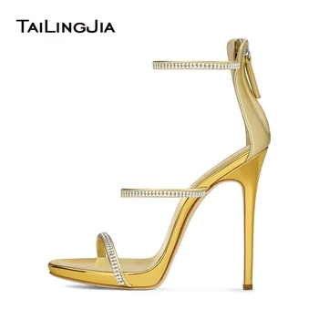 

High Heel Sandals with Three Straps Crystal Stiletto Heel Dress Shoes Rose Gold Slim Platform Heels Ladies Summer Shoes Big Size