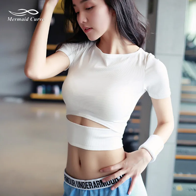

Women Sexy Bare Midriff Yoga Shirt Solid Ballet Yoga Top Slimming Workout Tee Short Sleeve Crop Tops 2018 Yoga T Shirt