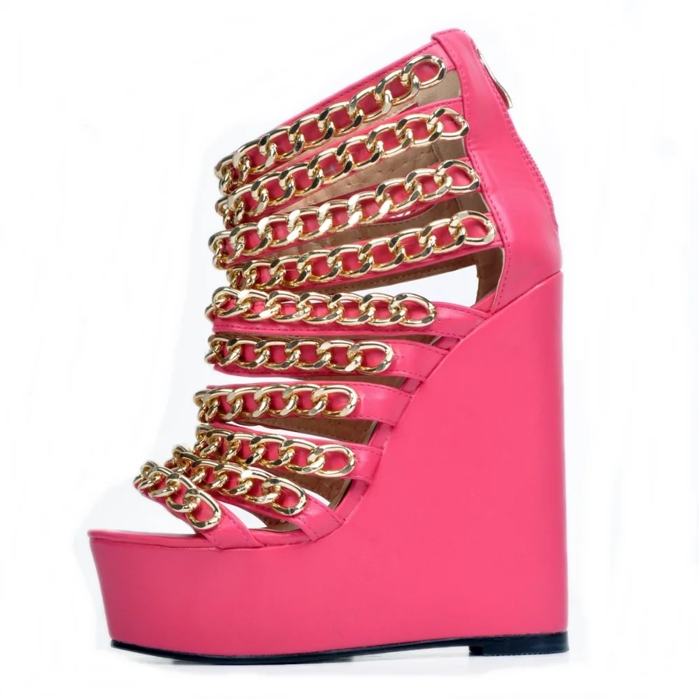 

Hot Selling Gold Chains Decorations Platform Wedge Sandal Sexy Peep Toe Cutouts Summer Shoes Super High Club Wear Shoes