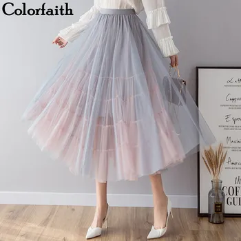 

Colorfaith 2019 Women Casual Mesh Flared Long Tutu Skirt Spring Summer Pleated Skater Skirt Sweet Ball Gown High Waist SK803