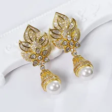 Цветок Серьги женщин Висячие серьги кубического циркония и имитация жемчуга Серьги ювелирные изделия свадебные серьги