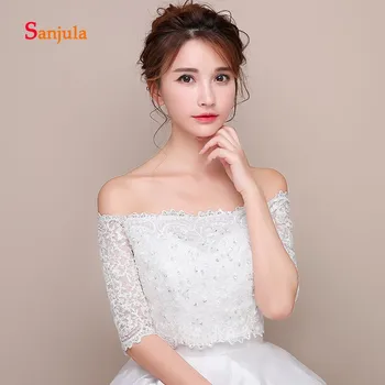 

Half Sleeve Boat Neck Wedding Jacket Lace Bridal Wraps with Sequins Beaded Shiny Bolero for Women Dress Capes etole mariage W06
