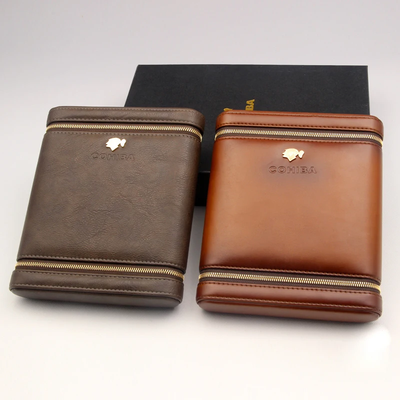 

New Design Travel Cigar Case Mini Humidor Holds 6 Cigars Made by PU Leather and Cedar Wood