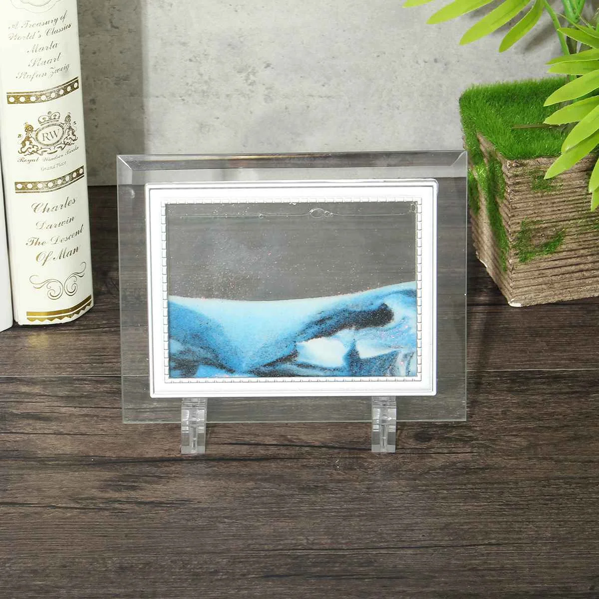 13X17cm Framed Moving Sand Time Liquid Landscape Glass Picture Home Office Ornaments Decoration Accessories Craft Art Gift - Цвет: Blue