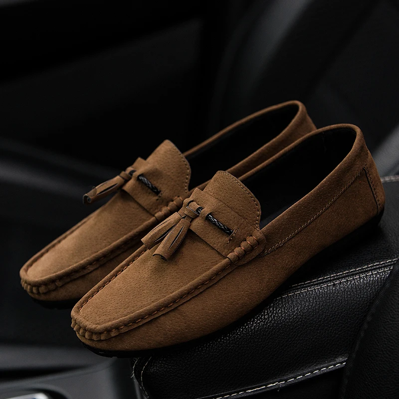 Men Leather Shoes Suede Loafers Shoes Breathable Soft Round Head Flat Slip-On Outdoor Moccasins Peas Casual Shoes Driving Shoes (16)