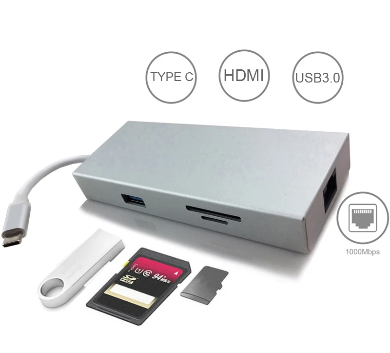 7in1 USB C концентратор с Тип C Мощность PD 4 к HDMI видео SD TF Card Reader Gigabit Ethernet адаптер USB-C USB 3,0 концентратор комбо для Macbook
