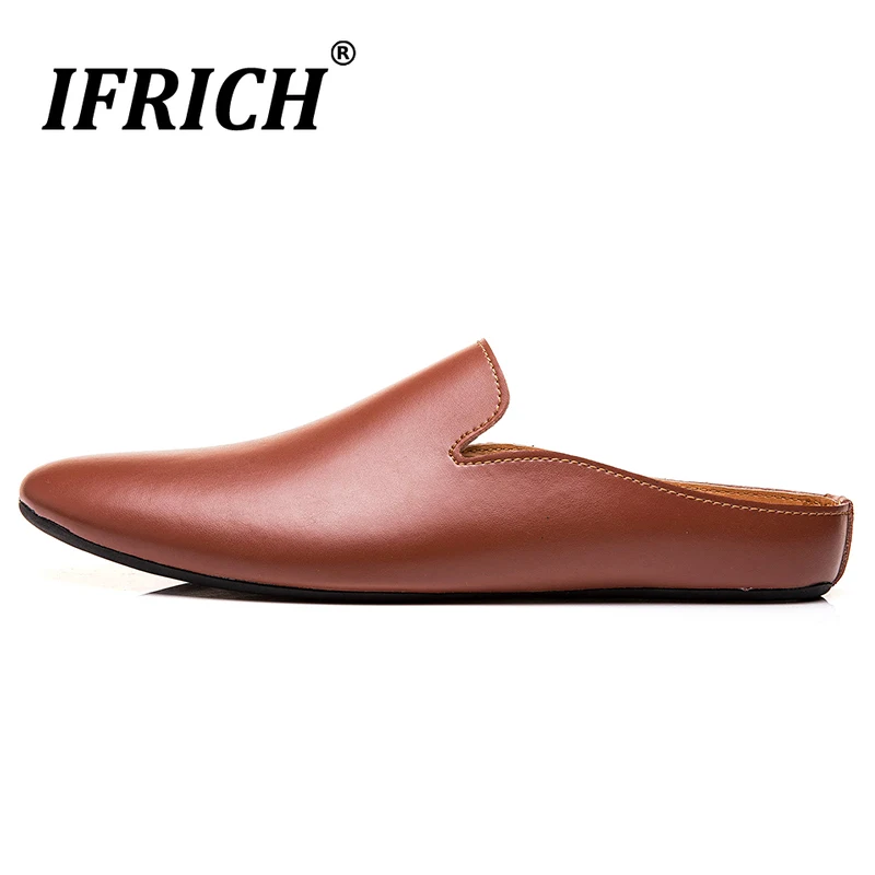 

Summer Breathable Men Youth Casual Shoe Flat Leather Half slippers Man Slip On Driving Moccasin Men White Black Fashion Men Shoe