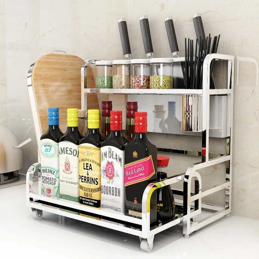  A1 Stainless steel kitchen shelf 2 layers kitchen utensils put seasonings spice rack multi-function - 32909569908