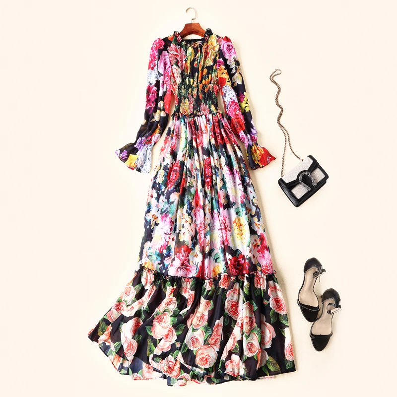 2019 runway lente zomer vrouwen mode mix bloemen patroon print chiffon lange maxi jurk flare mouw grote zoom bohemian jurken 2019 runway lente zomer vrouwen mode mix bloemen patroon print chiffon lange maxi jurk flare mouw grote zoom bohemian jurken