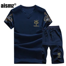 Aismz мужской спортивный костюм, летний Повседневный Спортивный костюм, мужские шорты, комплекты с короткими рукавами, рубашка+ шорты, повседневный спортивный костюм