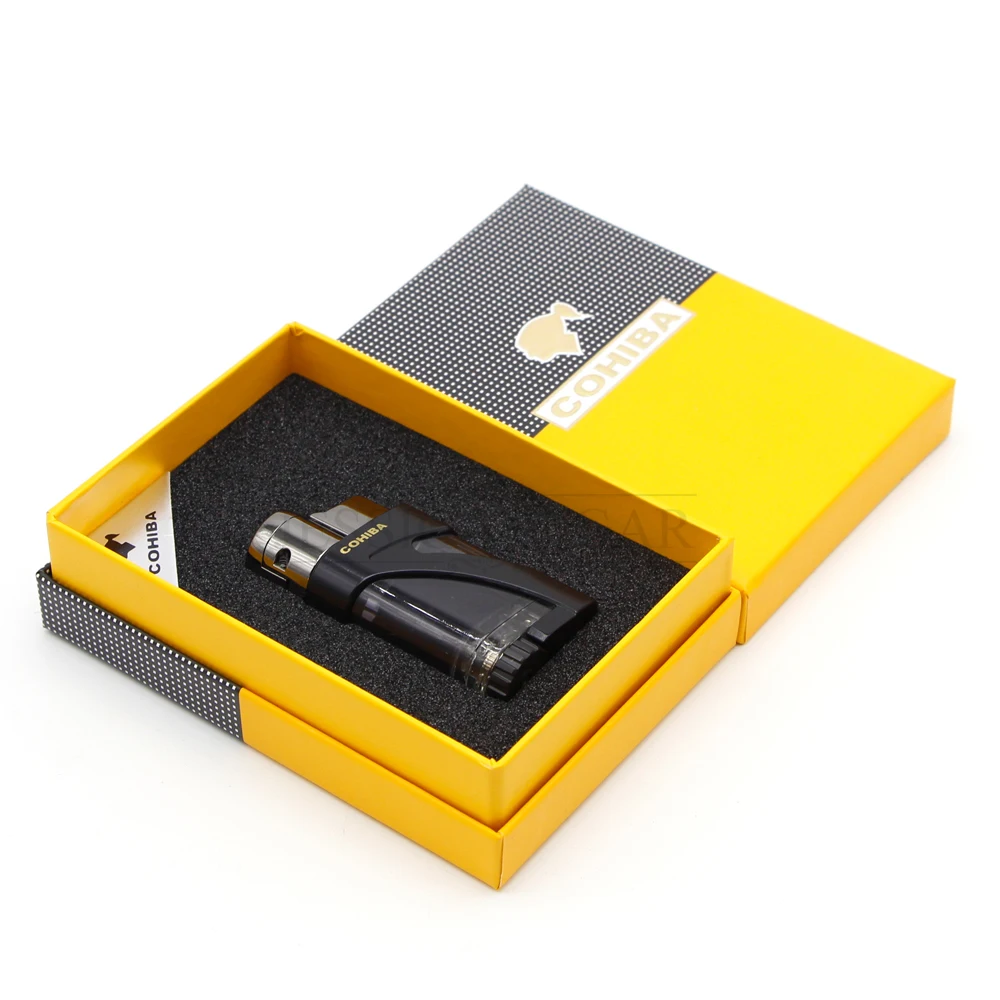 COHIBA Пластик прозрачный карман сигары Факел Ligher 3 Jet Flame Зажигалки Бутан газовая зажигалка с подарочной коробке