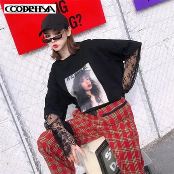 

2019 Spring Summer Sexy T Shirt Women Character print Lace stitching Long sleeve Casual Loose Loose fake two-piece T-shirt Tops
