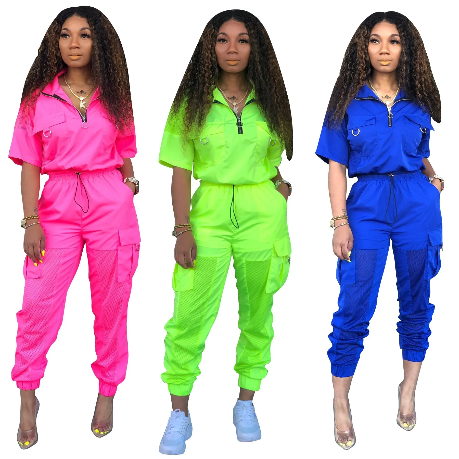 

2019 Neon Green Two Piece Set Women Tracksuit Festival Clothes Summer Outfits Tops Pants Sweat Suit Matching Sets