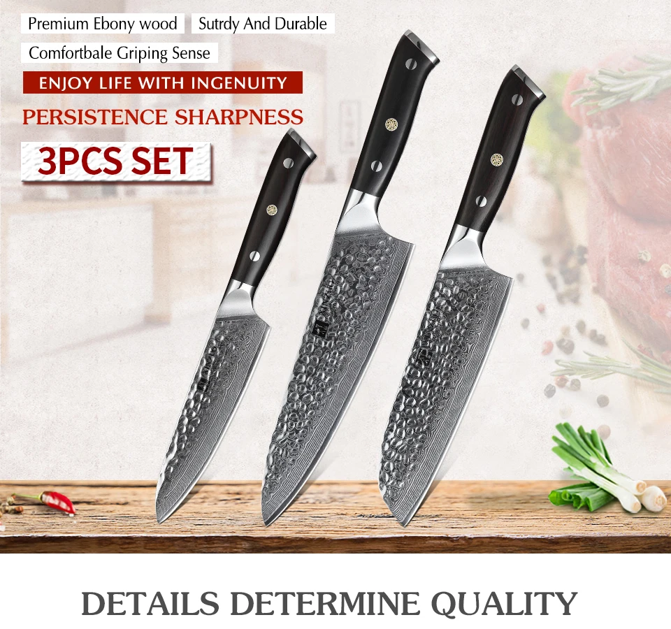 Набор из трех ножей XINZUO, нож из дамасской стали 5+ 7+ 8,5 дюймов, кухонные ножи Santoku Chef 58-62 лезвие HRC с ручкой из черного дерева
