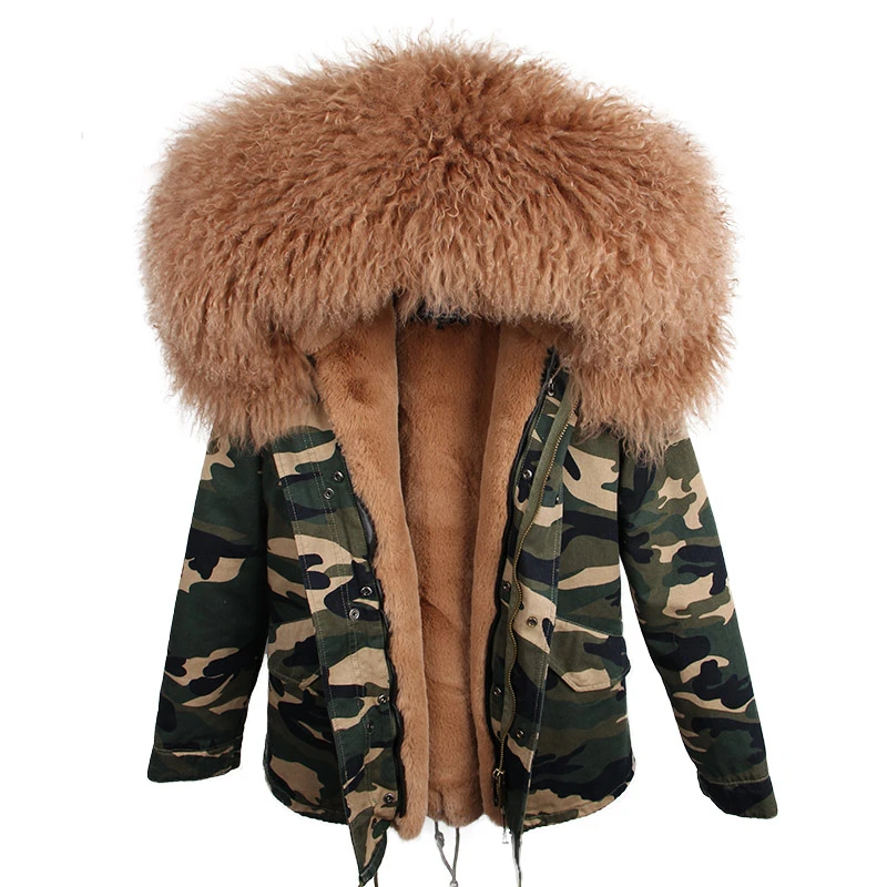 Parka Real Fur Coat Winter Jacket Women Real Mongolia Sheep Fur Parkas Thick Warm Luxury Detachable Outerwear Streetwear - Цвет: camo brown