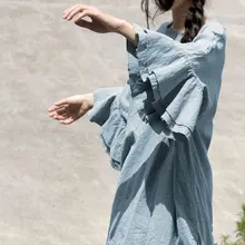 Летняя льняная хлопковая куртка с рукавом в виде листьев лотоса, Женская Повседневная футболка в китайском стиле с круглым вырезом и рукавом три четверти, N417