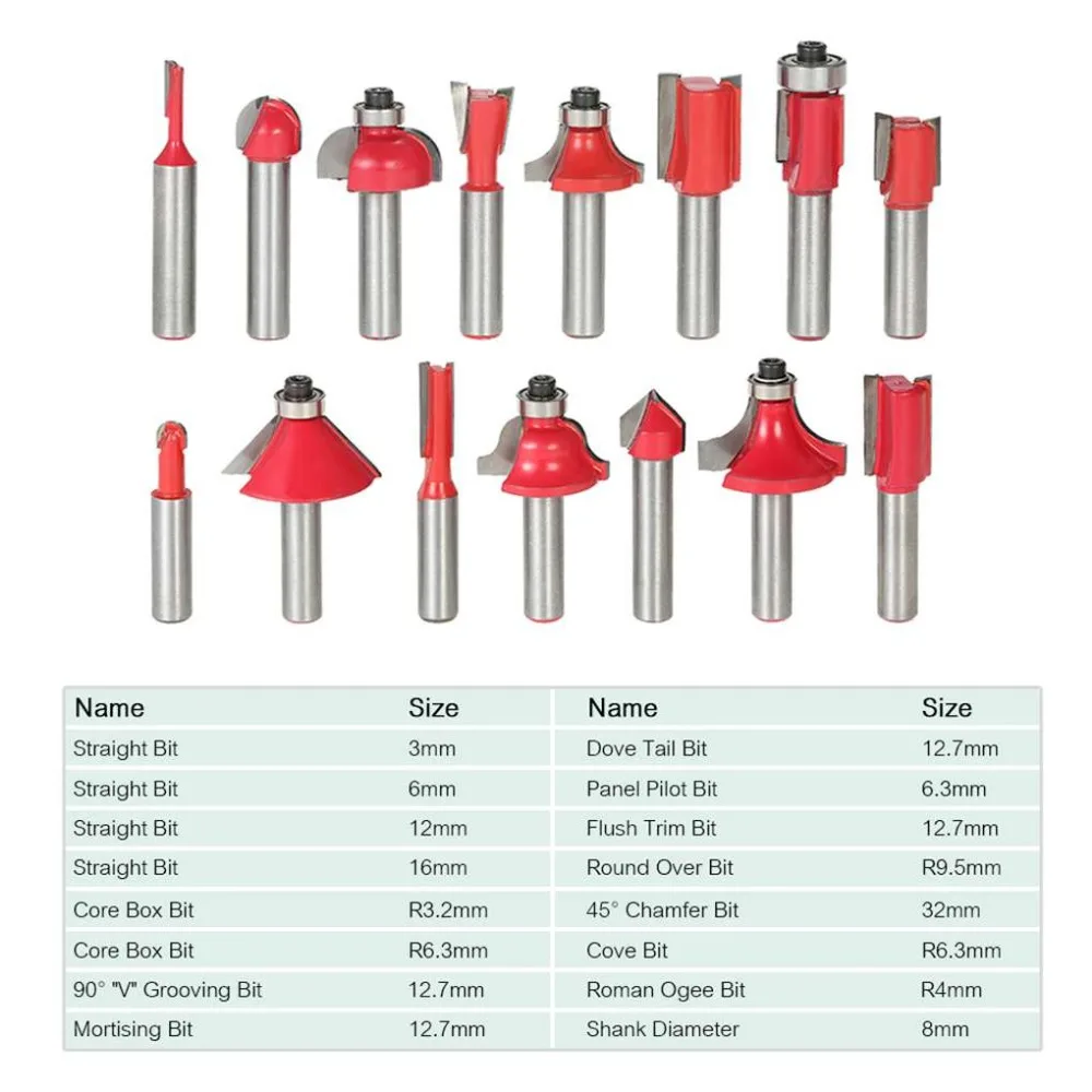 Дереворежущие Инструменты 15 шт./1 комплект 8 мм хвостовик, для деревообработки сплава фреза Маршрутизатор Набор бит мельница дереворежущие инструменты