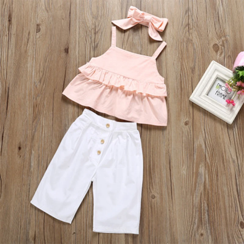 

Fashion Kids Baby Girl Striped Outfits Summer Clothes Sleeveless Strap Ruffle Vest Tops Wide Led Pants Headband 3Pcs Sets 1-5Y