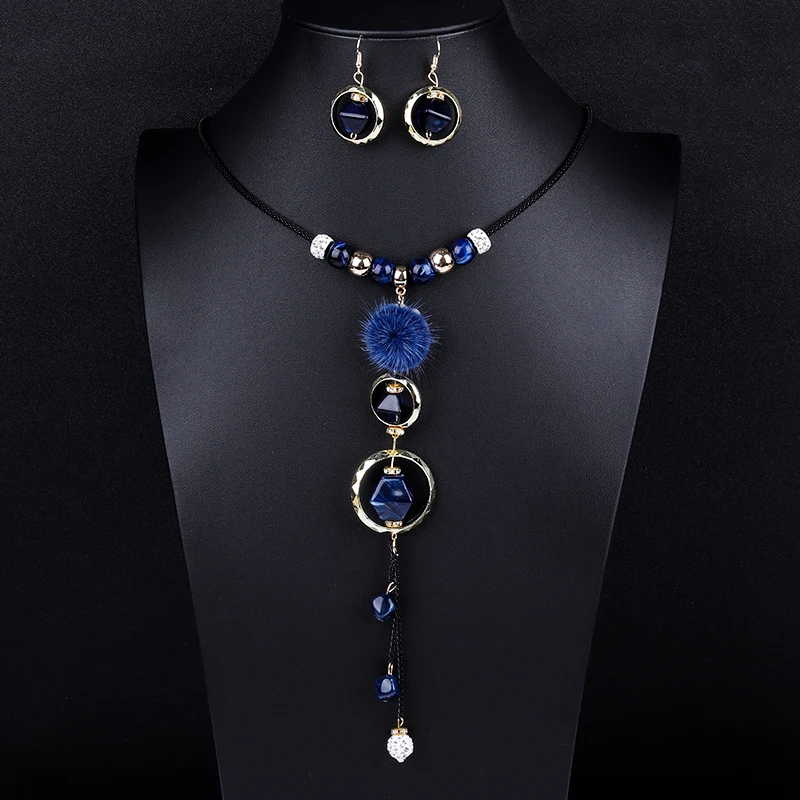 Crazy Feng Luxury Acrylic Beaded Jewelry Set Long Pendant Necklaces Drop Earrings For Women Vintage Dubai Costume Jewerly NE+EA