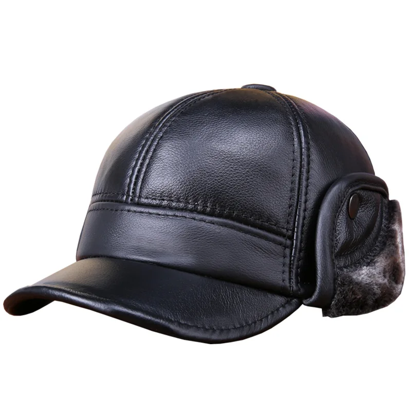 Online Männer Baseball Kappe Herbst und Winter Hohe Qualität Rindsleder Hut Ältere Warme Ältere Ohrenschützer Casual Leder Warme Kappe B 7257