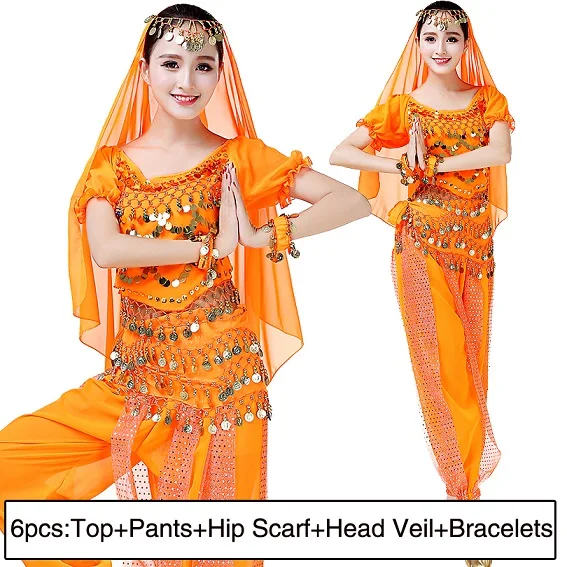 Женский праздничный костюм для выступлений, костюм для восточных танцев живота, вечерние болливудские штаны, египетская танцевальная одежда, комплект одежды, 11 цветов - Цвет: Orange 6pcs