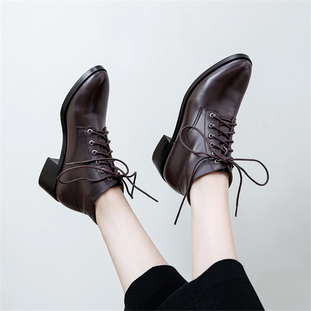 

Pretty Top Quality Chunky Heels Genuine Leather Winter Boots Woman Shoes Shoelaces Add Fur Ankle Boots Woman Shoes Women Boots