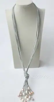 

Amazing! 10strands 28" rice white pink gray pearls leather necklace