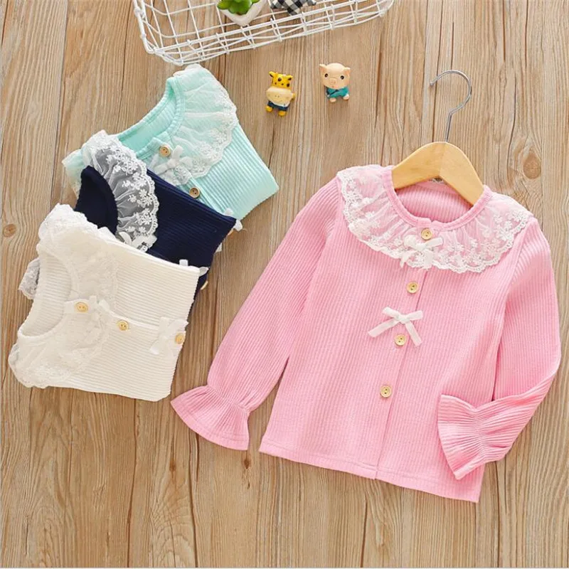 

LILIGIRL Girls Cotton Bow Cardigan Blouses Lace Collar Kids Children's Autumn Tops Clothes for Girl Baby Cute Shirts Clothing