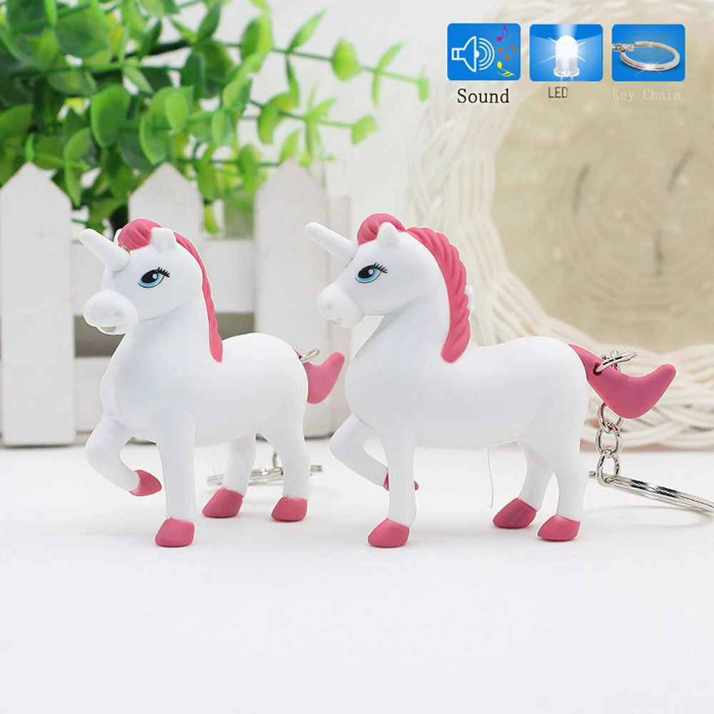 

1PC New Design LED Light Horse Key Chains Mini Unicorn Keyring With Sound For Children Kids Toys Key Holder Pendant Jewelry Gift