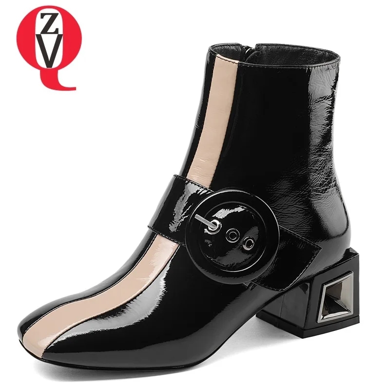 

ZVQ heel height 5 cm med square heel zip square toe mixed colors patent leather buckle women sheos winter fashion ankle boots