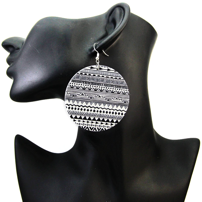 

SOMESOOR Flat Round Bohemain African Wooden Drop Earrings Afro Tribal Ethnic Pattern Black Art Paint Dangle Jewelry Women Gifts