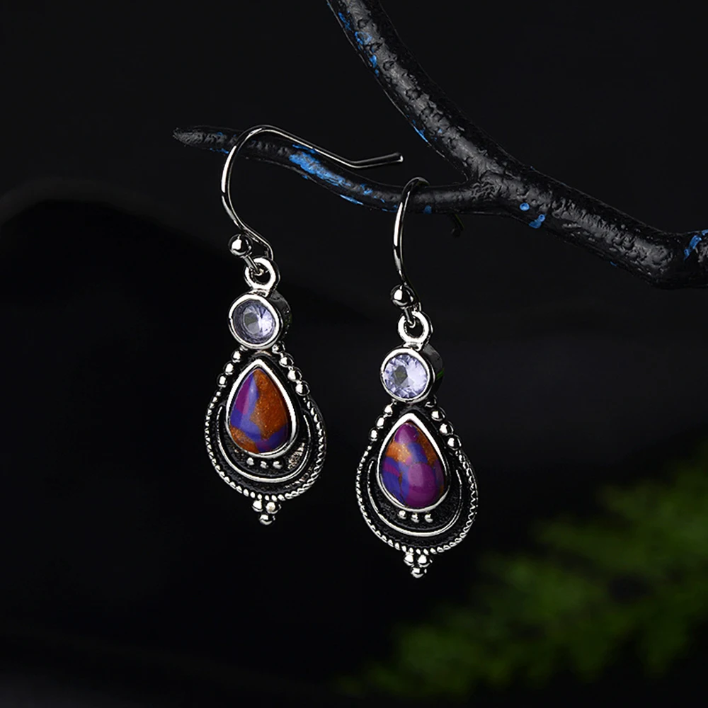 

Small Dangle Earrings for Women Purple Synthetic Stone Water Drop Boho Ethnic Vintage Indian Jewelry Silver Color aretes DBE001