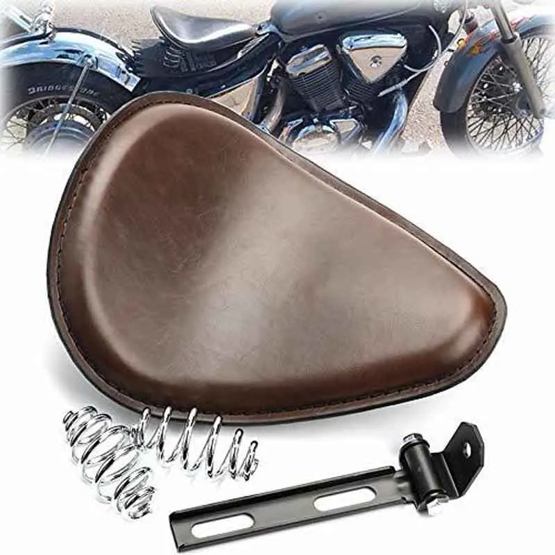 

2018 New Brown Vintage Motorcycle Leather Solo Seat Cover 3" Spring Swivel Bracket For Chopper Bobber Honda Custom