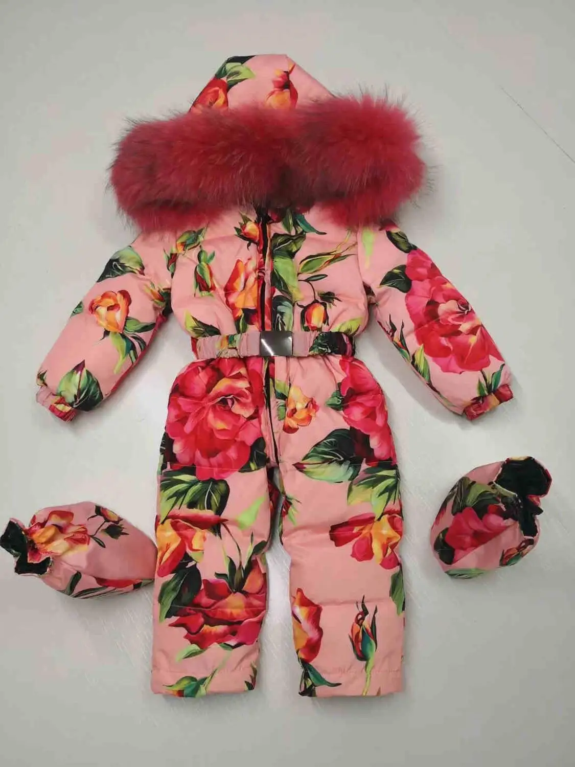 Зимняя куртка с капюшоном и натуральным мехом; куртки для малышей; комбинезон; зимний костюм; пуховик с цветочным принтом для девочек; зимняя одежда; верхняя одежда - Цвет: Черный