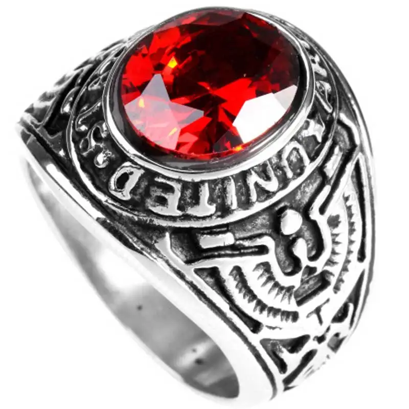 Mens Finger Rings Red Black Blue Green Gem Carved US Army Ring Steampunk Vintage Style Titanium