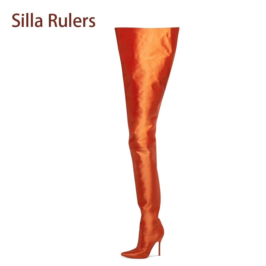 

Silla Rulers 2018 Sexy Thigh High Boots Pointed Toe Thin Heel Orange Rose Red Black Cosplay Runway Bootie Over The Knee Bota