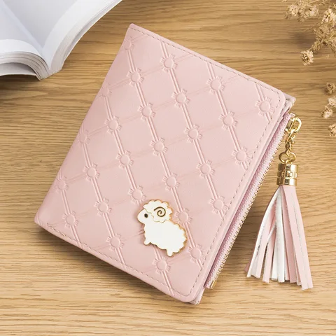 Moeda dos Desenhos Borla das Mulheres Carteiras e Bolsas 2019 Mulheres Novas Carteiras Curto Bolsa da Animados Cordeiro Hardware Zipper Bolsa Carteira Feminina