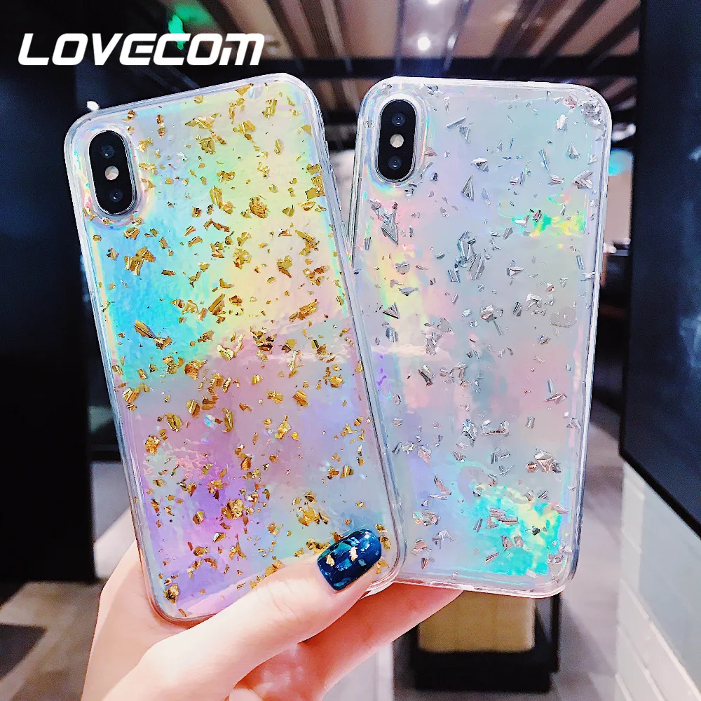 

LOVECOM Rainbow Holographic Iridescent Platinum Phone Cases Shell For iPhone 6 6S 7 8 Plus X XS Epoxy Soft Phone Back Cover Capa