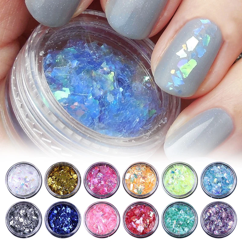 Shellhard 12Colors/Set Iced Mylar Nail Art Flakes Professional DIY Nail Tips Glitter Decals for Nail Art Decoration