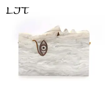 

LJT 2019 New Women Shoulder Bag New Retro Unique Half Face Hard Box Evening Bags Wood Acrylic Luxury Handbags Patchwork Clutch