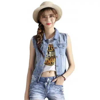 

Women Fashion Casual Solid Button Down Spring/Autumn/Summer Sleeveless Vest Jean Regular Jacket Turndown