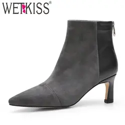 WETKISS/женские ботильоны на высоком каблуке, обувь с острым носком, женские ботинки на молнии из натуральной кожи, модная женская обувь