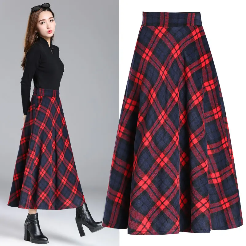Red plaid long skirt Clearance