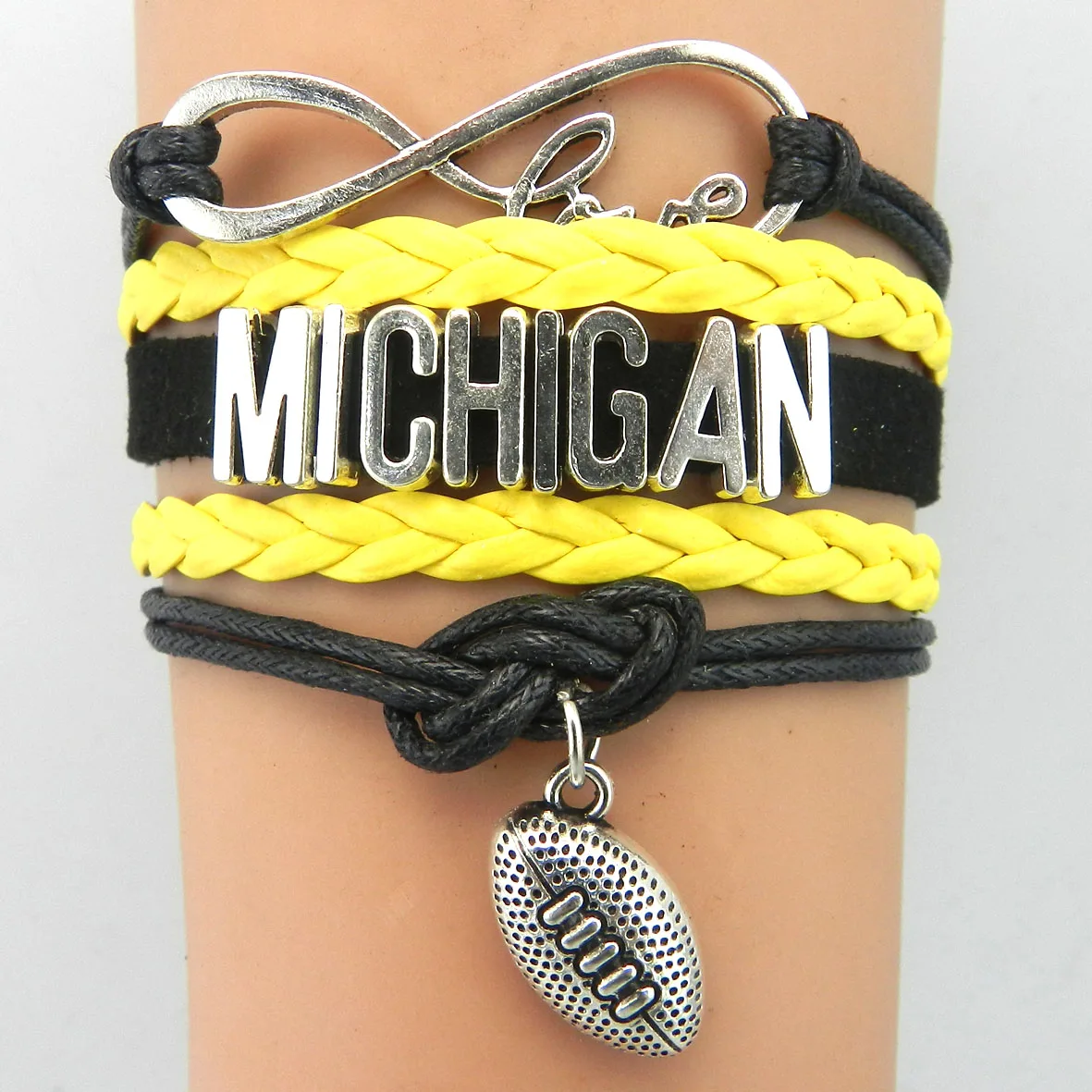 Infinity Love Michigan Bracelet Football Charm Handmade Leather Braided