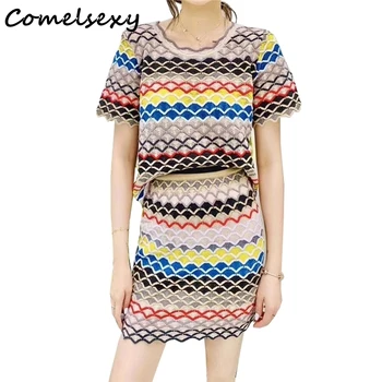 

Bohemian Women's wavy striped Thin Sweater and Bag hip Skirt women's Two-piece suit Summer knit Tops and skirts Two-piece suit